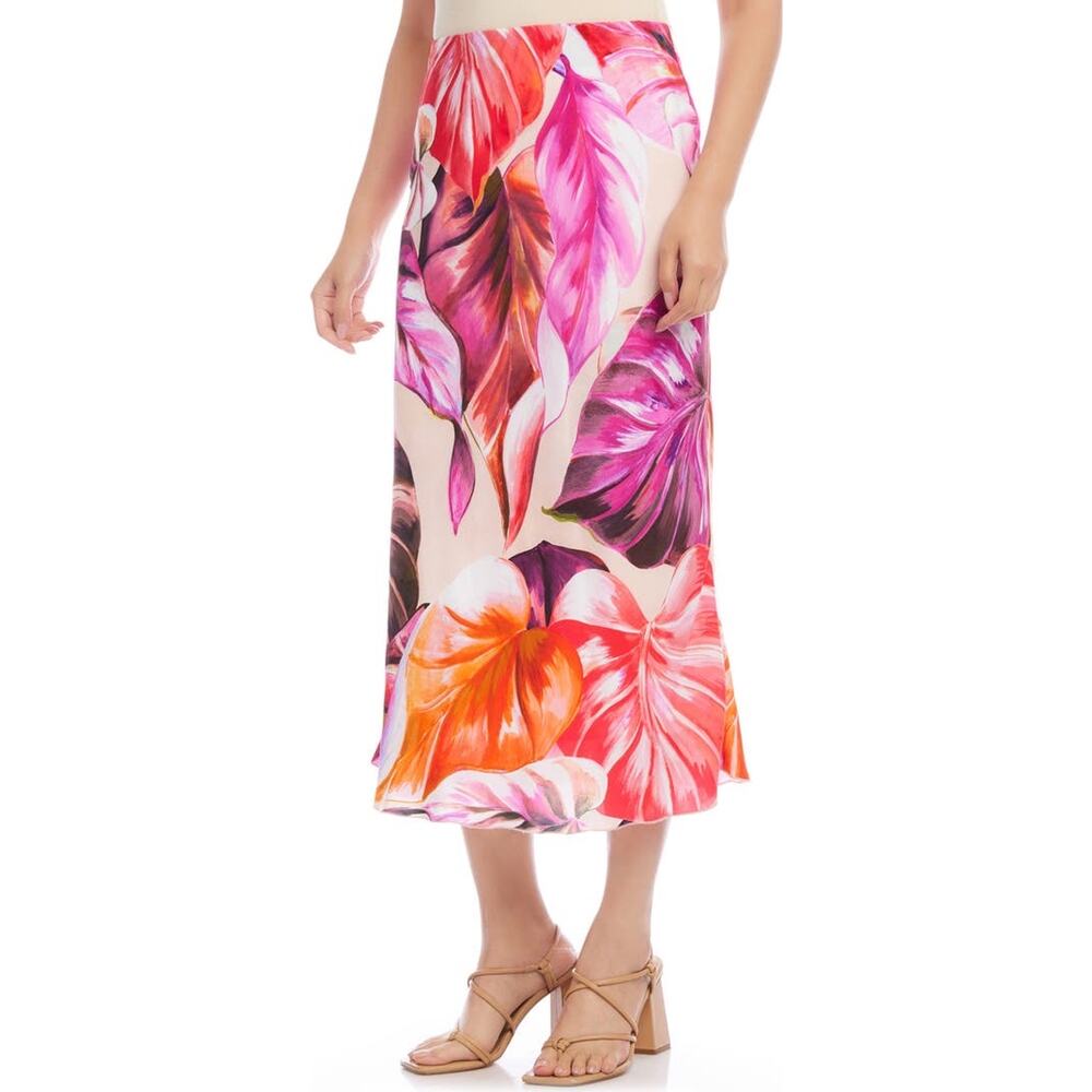 Karen Kane Floral Leaf Print Bias Cut Midi Coastal Skirt Size L